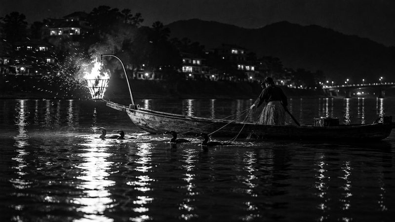 夜の川で、舳先のかがり火の下に鵜を操る鵜舟（イメージ）