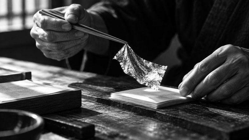 竹製のピンセットで薄い金箔を持ち上げる職人の手元（イメージ）