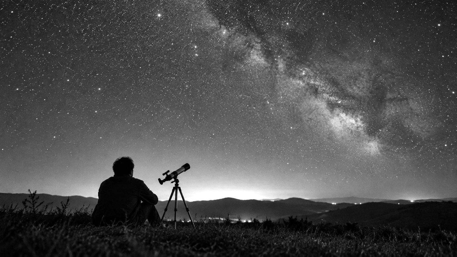 星空の下、野原に置かれた小さな望遠鏡と観測する人の後ろ姿(イメージ)