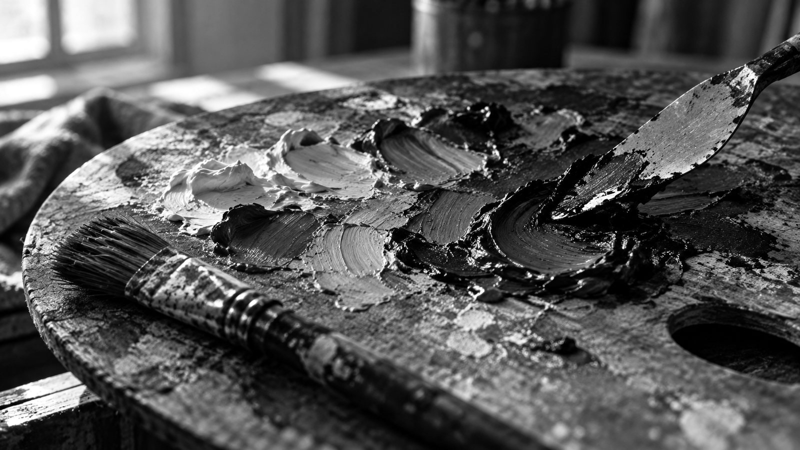 パレットの上でペインティングナイフを使って絵の具を混ぜている(イメージ)