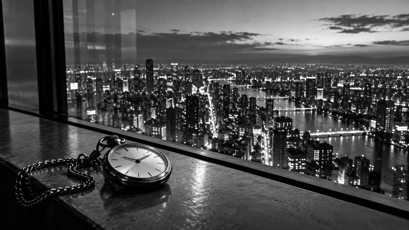 高い塔の展望台の窓辺に置いた懐中時計と、眼下に広がる夜景（イメージ）