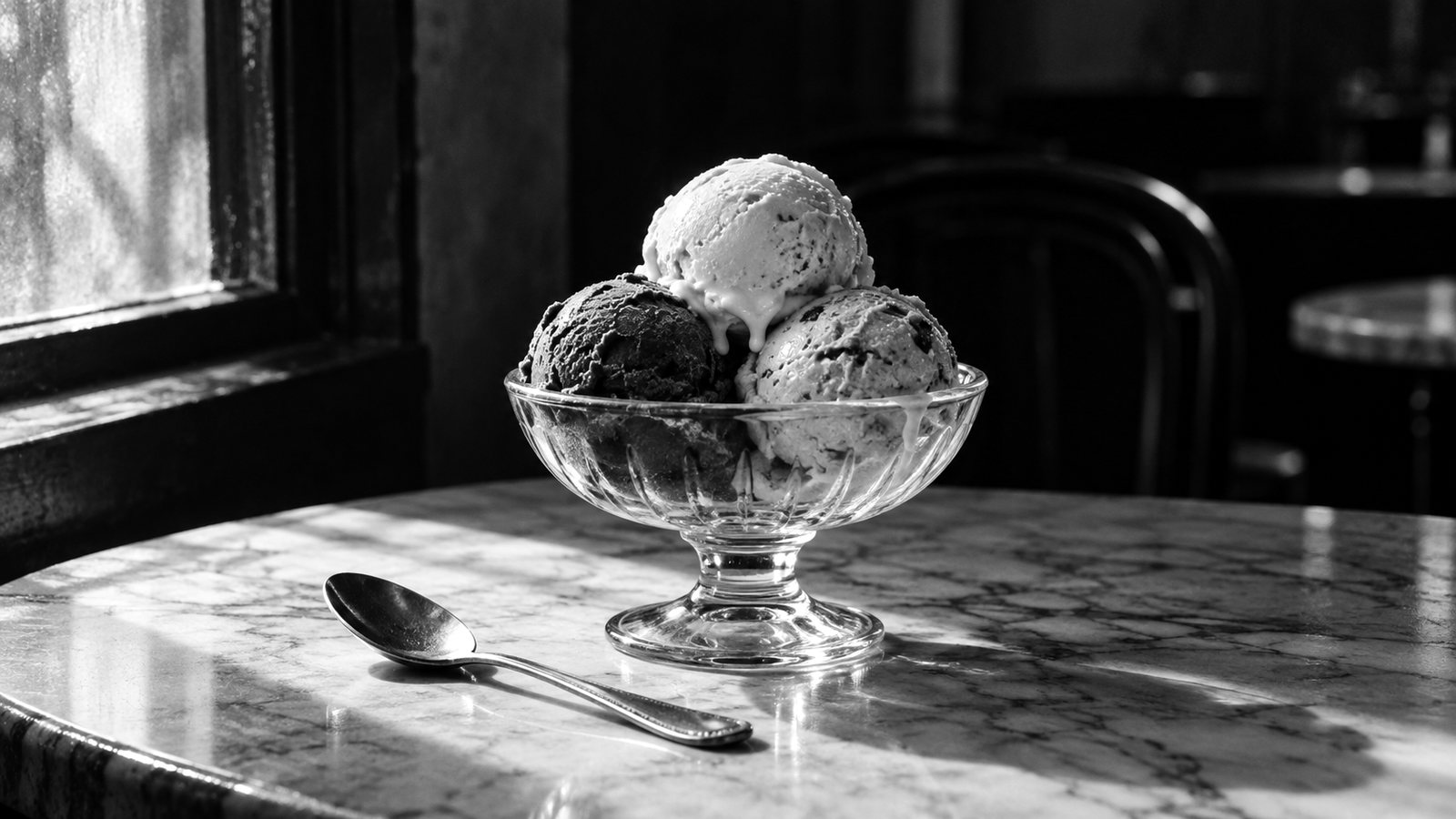 ガラスの器に盛った3つのアイスクリーム。縁が少し溶けている(イメージ)