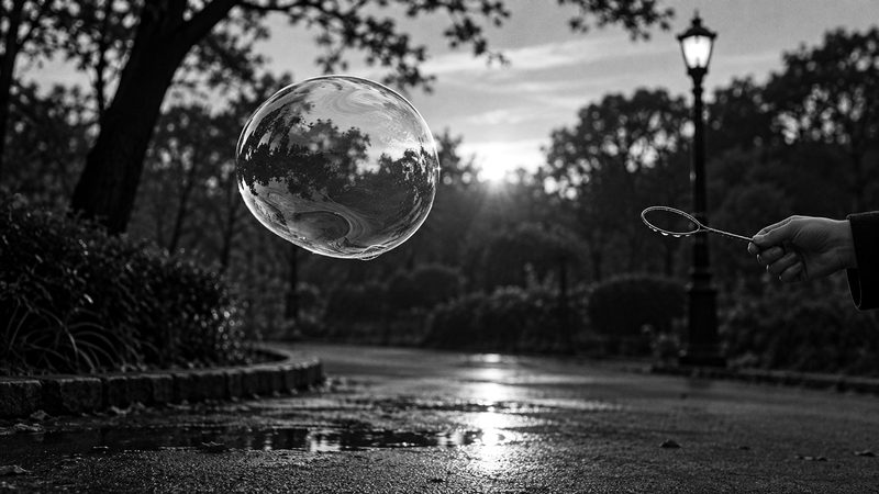 夕暮れの公園で、針金の輪から浮かび上がった大きなシャボン玉（イメージ）